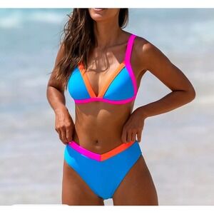 Popvil Women Colorblock Bikini Set Neon Pink Blue Orange High Waist Swimsuit XL